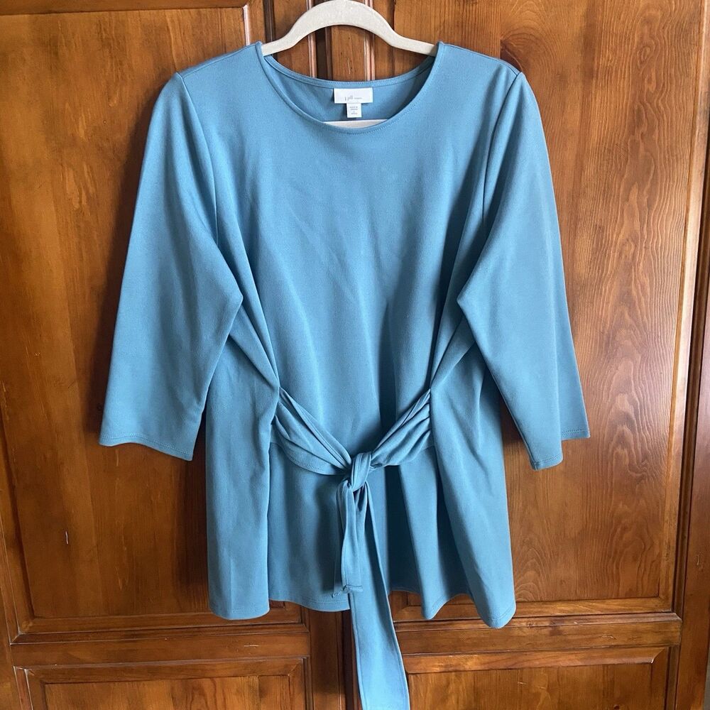 J. Jill Ponte Tie-Waist Tunic Top Size Large Petite L/P Seafoam Blue 3/4 Sleeve